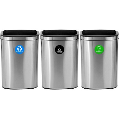 Alpine Industries Commercial Indoor Three-Stream Recycling Station 10.5 Gallon Stainless Steel