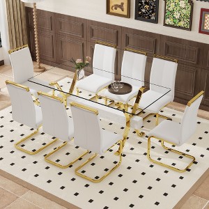 9-Piece Dining Set with Tempered Glass Table and 8 PU Armless Chairs - 1 of 4