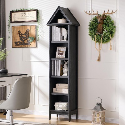 Bookshelf with Adjustable Shelves, 75.9" Tall Narrow Bookshelf with Storage, 5 Tiers Open Shelves Bookcase with Triangular Top, Dark Grey