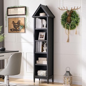 Bookshelf with Adjustable Shelves, 75.9" Tall Narrow Bookshelf with Storage, 5 Tiers Open Shelves Bookcase with Triangular Top, Dark Grey - 1 of 4
