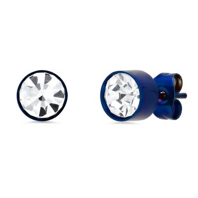 Steeltime Men's blu ip stainless steel stud earrings adorned with white crystals