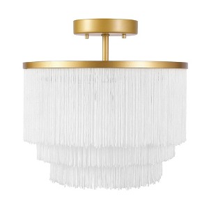 Novogratz X Globe Janis 1-Light Matte Gold Flush Mount Ceiling Light with White Fabric Fringe Shade - Globe Electric: ETL Listed, Cotton Shade - 1 of 4