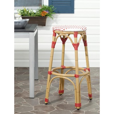 Coastal Farmhouse Red & White Faux Bamboo Bar Stool