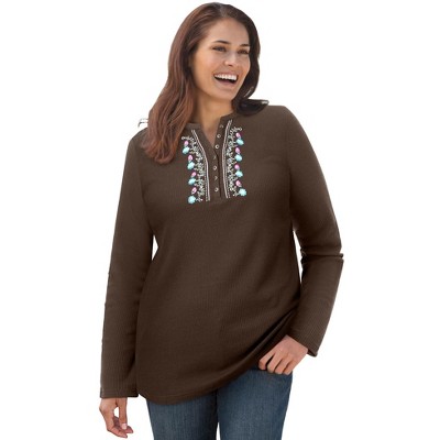 Woman Within Plus Size Embroidered Thermal Henley Tee