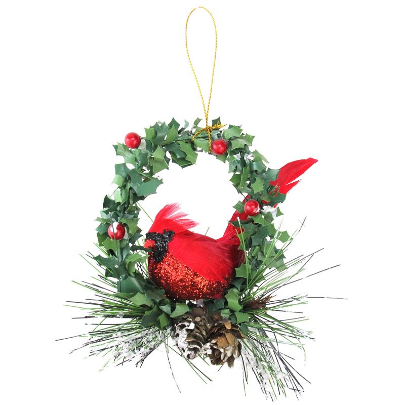 Northlight 5.25” Glittered Cardinal in a Holly Wreath Christmas Ornament - Red/Black, 1 of 4