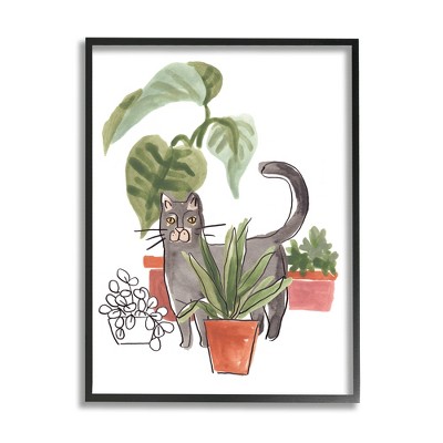 Stupell Industries Grey Cat Pet Terracotta House Plants Tropical Monstera