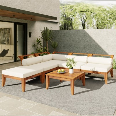 6-Piece Modular Patio Sofa Set with Cushions, Ottoman & Coffee Table, Outdoor Sectional Conversation Set for Garden or Backyard–The Pop Home