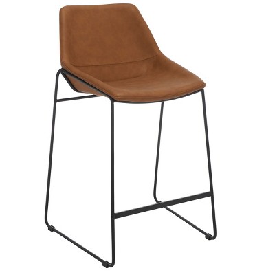 Cognac Brown Leather and Black Metal Counter Stool