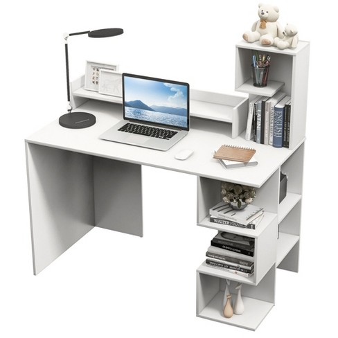 Tangkula White Desk with Storage Drawer & Shelves, Compact Desk for Small  Space, Modern Wooden Study Desk Writing Desk with Storage Drawer 