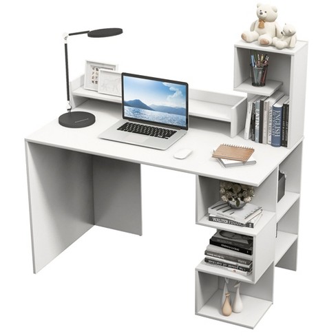 Computer Desk with 4 Drawers and Hutch, Office Desk with File Drawers and  Monitor Shelf, Small