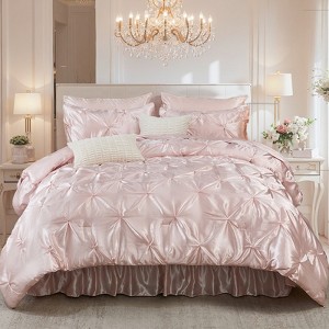 Satin Comforter Set Bed in a Bag – Pinch Pleat Luxury Bedding with Sheets, Pillowcases & Decorative Covers, Soft Silky Quilt - 1 of 4
