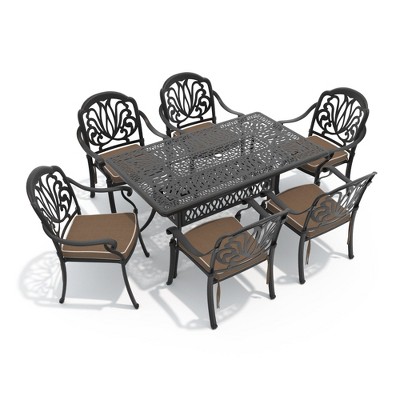 Hzzkey 7-Piece Rectangle Cast Aluminum Patio Set , Brown Cushions , Umbrella Hole , Black
