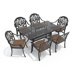 Hzzkey 7-Piece Rectangle Cast Aluminum Patio Set , Brown Cushions , Umbrella Hole , Black - 1 of 4