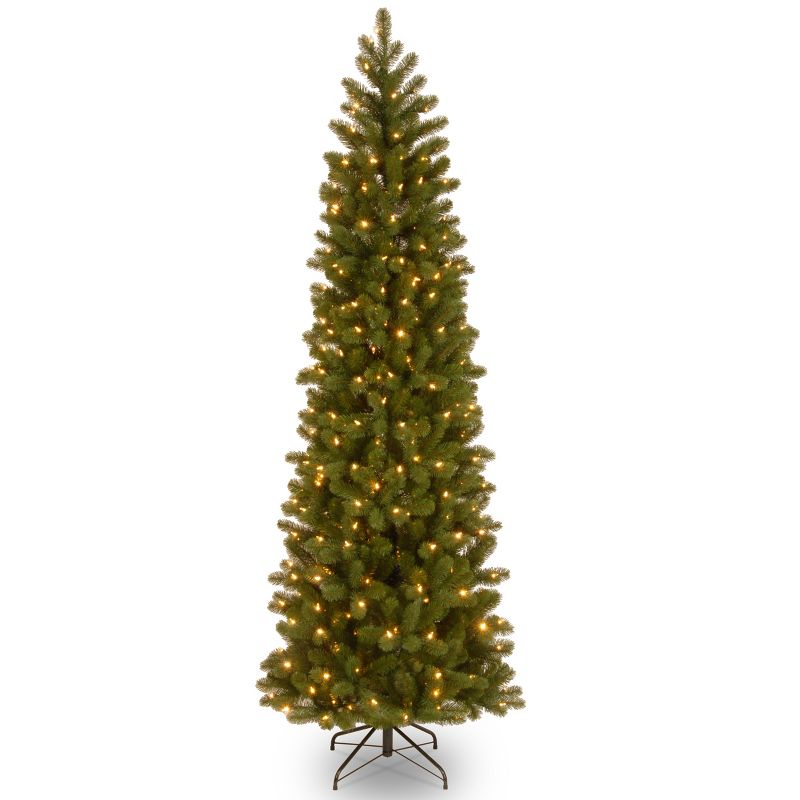 National Tree Company 7.5 ft Pre-Lit 'Feel Real' Artificial Slim Downswept Christmas Tree, Green, Douglas Fir, White Lights, Includes Stand, 1 of 8