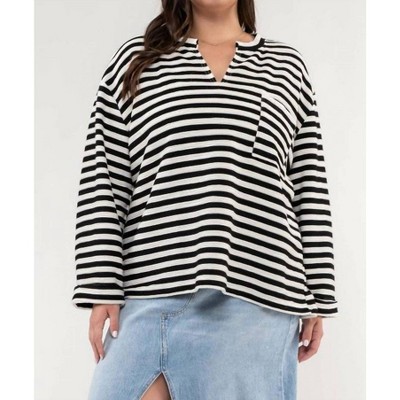 Women's STRIPED SPLIT NECK BACK BUTTON KNIT TOP - PLUS - Blu Pepper