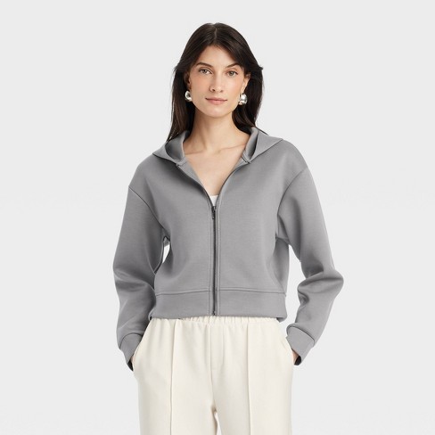 Women s Double Knit Zip Hoodie Sweatshirt A New Day Gray M Target