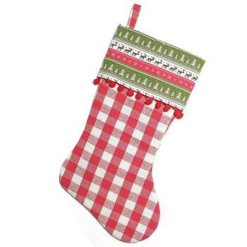 Northlight 19" Red and Green Rustic Plaid Christmas Stocking with Red Pom-Poms and Lodge Cuff