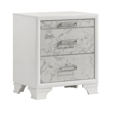 Vynxaria Modern 3-Drawer Nightstand - White Manufactured Wood, Marble-Patterned Drawer Fronts, Silver-Tone Handles, Compact Bedside Design