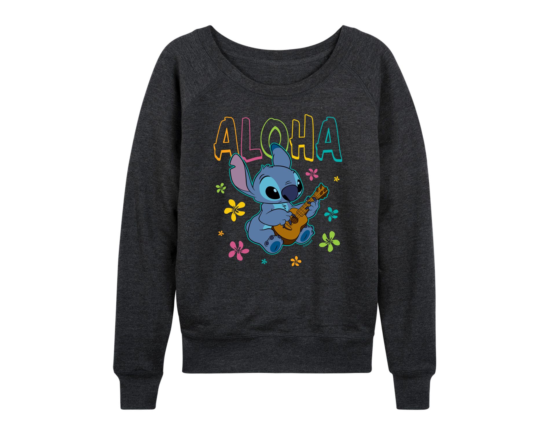 Women's Lilo & Stitch Aloha Stitch Lightweight French Terry Wide Neck Long Sleeve Graphic Shirt - Heather Charcoal - Medium