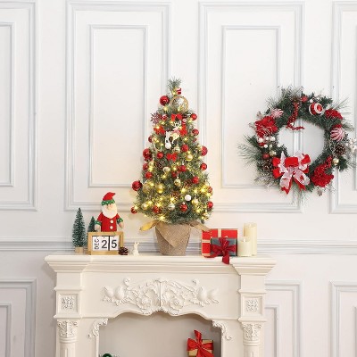 Whizmax 3FT Pre-Lit Mini Christmas Tree with 78 Warm White LED Lights,Holiday Xmas Tree with Pine Cones, Red Berry Clusters and Cloth Bag Base