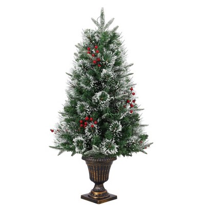Homhougo 3FT Snow Flocked Christmas Tree with Decorative Base, Classic Holiday Tree for Compact Indoor Space