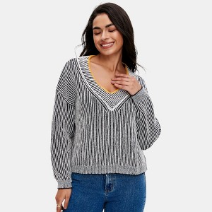 Knit & Lounge Women’s Striped Deep V Sweater Lightweight Ribbed Knit Long Sleeve Slim Fit Contrast Trim - 1 of 4