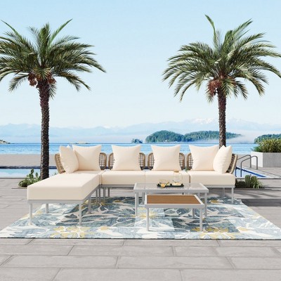 Chic Crate-8-Piece Patio Sectional Sofa – Tempered Glass & Wooden Coffee Table | Beige/White Steel | Multi-Use
