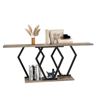 Console Tables with Geometric Base, Industrial Rustic Entryway Table with Open Storage, Behind The Couch Table with Geometric Table Legs