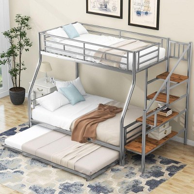 Streamdale Twin over Full Size Metal Bunk Bed with Trundle and Storage Staircase, Silver