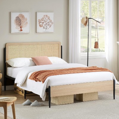 2 Set Full Bed Frame with Rattan Headboard,Bed Boho Style with Strong Metal Slats Support,Under Bed Storage,Noise-Free,No Box Spring Needed,Light Oak