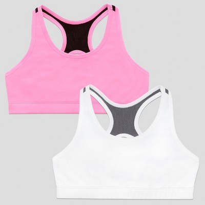 Fruit of the Loom Girls Stay Dry Racerback Sports Bra 2 Pack White/Neon  Pink XL