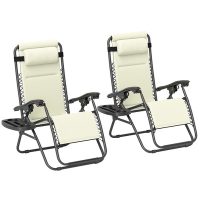 Outsunny Zero Gravity Lounge Chair Set of 2 Reclining Folding Outdoor Lounge Chairs with Cushion, Headrest, and Side Tray for Patio Beach