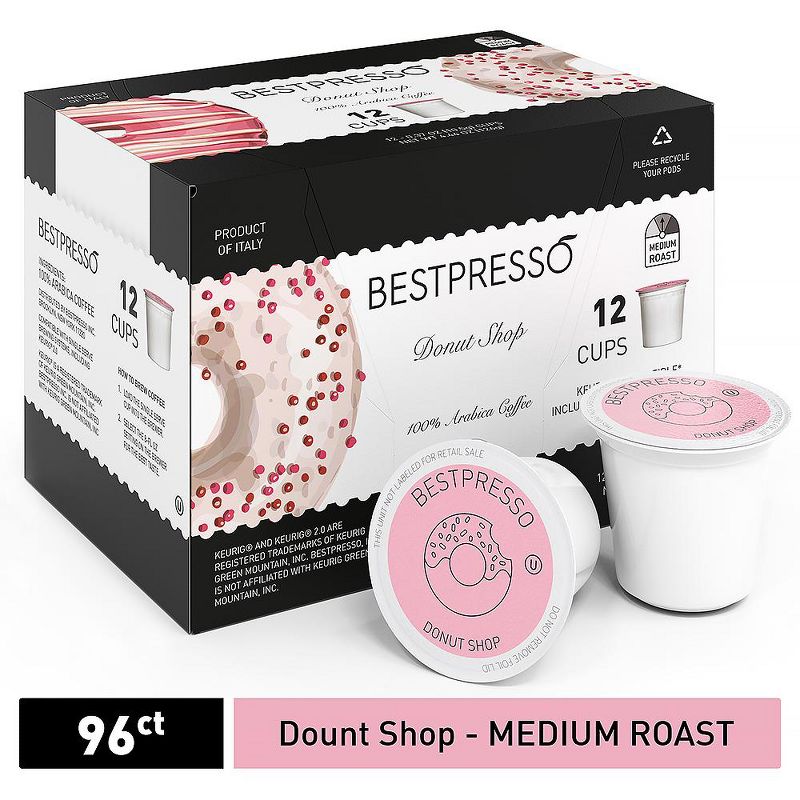 Bestpresso Coffee, Donut Shop Medium Roast Single Serve K-Cup Pods, 96 Count (Compatible With 2.0 Keurig Brewers) 8 Packs Of 12 Cups, 1 of 2