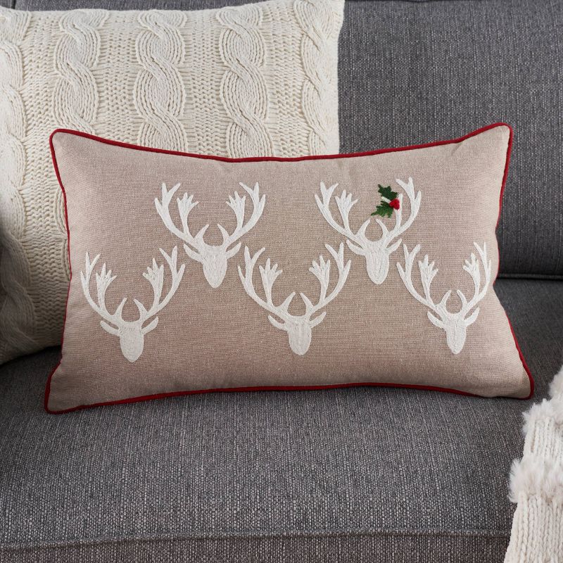 12&#34;x20&#34; Oversize Holiday Embroidered Deer &#38; Holly Lumbar Throw Pillow Beige - Mina Victory, 5 of 7