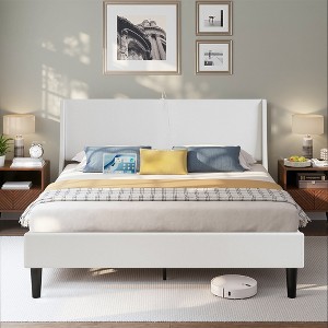 VECELO Upholstered Full/Queen Size Bed Frame with Headboard & Wingback, Platform Bed with USB & Type-C Ports - 1 of 4