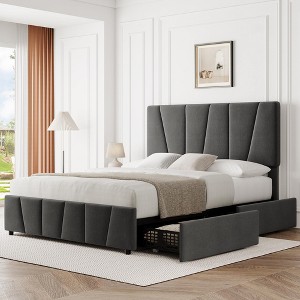 Full Size Bed Frame, Linen Upholstered Platform Bed Frame with 4 Storage Drawers and Adjustable Headboard, Wooden Slats Supports Bed Base, No Box - 1 of 4