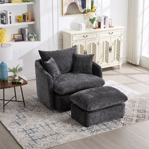 ModernLuxe Oversized Swivel Accent Chair with Ottoman, 360° Rotation Wide Seat Chenille Chair with 3 Pillows for Living Room - 1 of 4