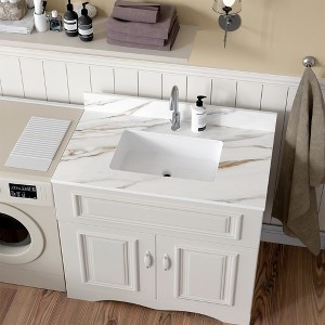 KWPZQEB Marble Vanity Top, with Undermount Rectangular Middle Sink and 4" Height Backsplash, 1 Predrilled Centerset, Carrara white with veins - 1 of 4