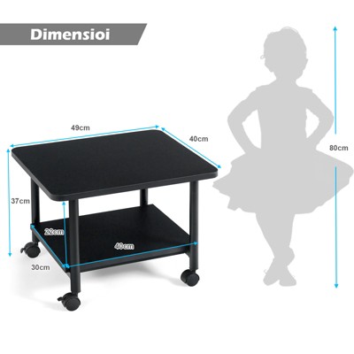 Black 2-Tier Rolling Under Desk Printer Cart with Storage Shelves