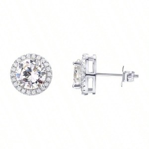 14K Gold Plated Sterling Silver Post Brilliant Round Faux Diamond Halo Earrings - Premium Cubic Zirconia in Rose, White, and Yellow Gold - 1 of 4
