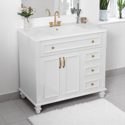 Mshliw 36" Bathroom Vanity with Ceramic Sink, Tilt-Out Drawer, 3 Drawers, Soft-Close Doors, Solid Wood & MDF Cabinet