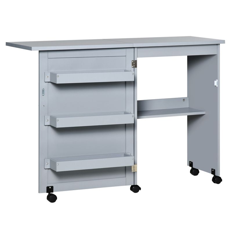 HOMCOM Folding Sewing Table, Rolling Utility Work Station Side Desk with 3-Tier Storage Bins, Shelf, and Lockable Casters, Gray, 1 of 7