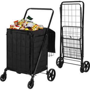 Large Folding Shopping Cart with Wheels, Double-Basket Collapsible Grocery/Utility Cart with Locking Latch for Laundry, Luggage & Camping - 1 of 4