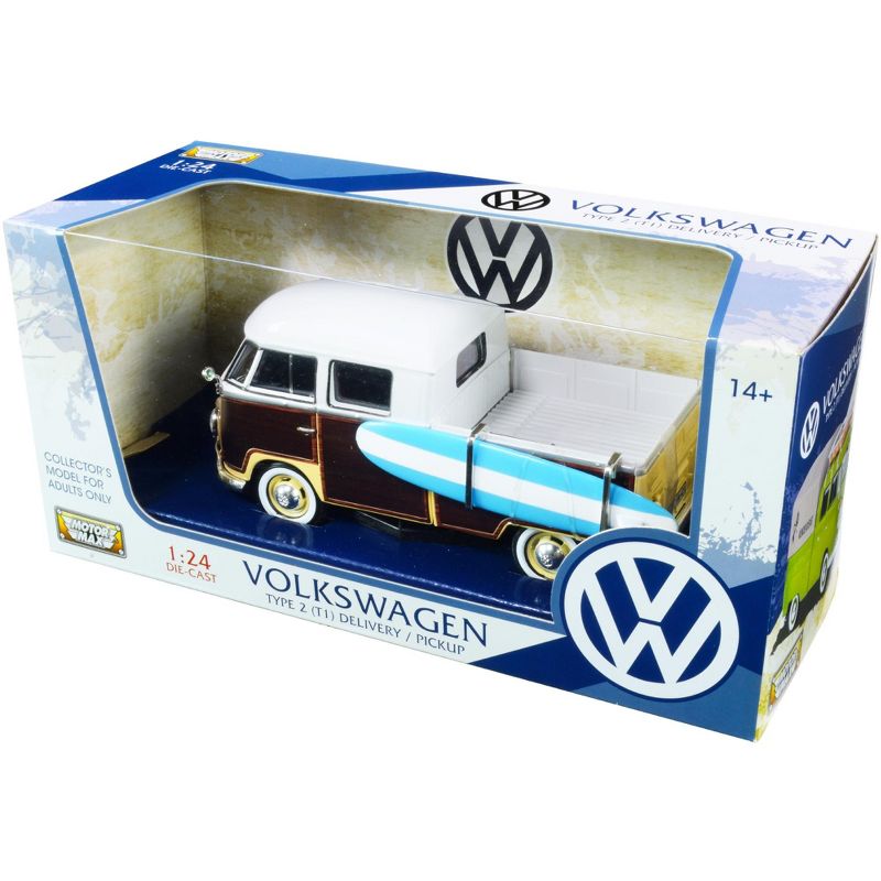 Volkswagen Type 2 (T1) Pickup White and Yellow with Wood Paneling with Surfboard 1/24 Diecast Model Car by Motormax, 2 of 4