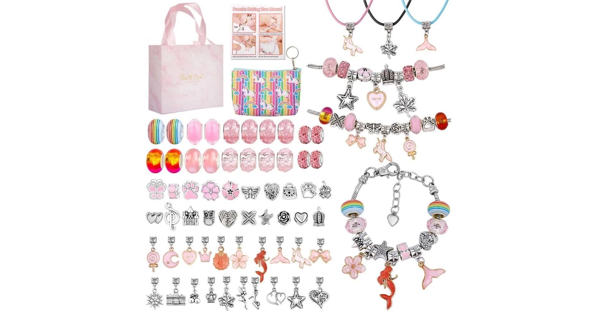 MOVSSOU Charm Bracelet Making Kit Jewelry Making Kit 66 Pcs Gifts for Ages 6 7 8 9 10 Girls
