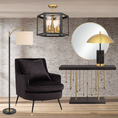 Black and Gold Metal Mid-Century Modern Floor Lamp with Linen Shade