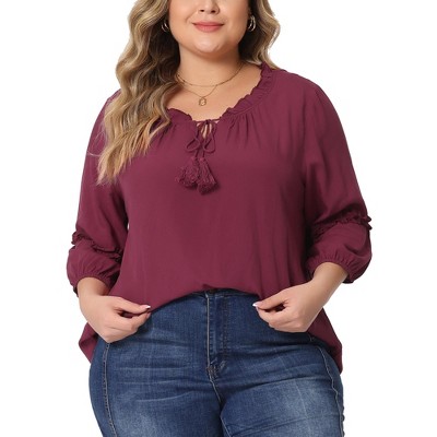 Agnes Orinda Women's Plus Size Twisted Knot Waist Short Sleeves Summer  Peplum Blouses Burgundy 3X