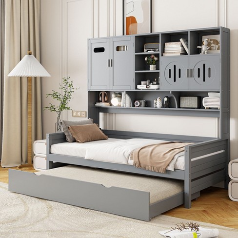 Twin Size Daybed with Twin Size Trundle and All in One Cabinet and Shelf Gray ModernLuxe