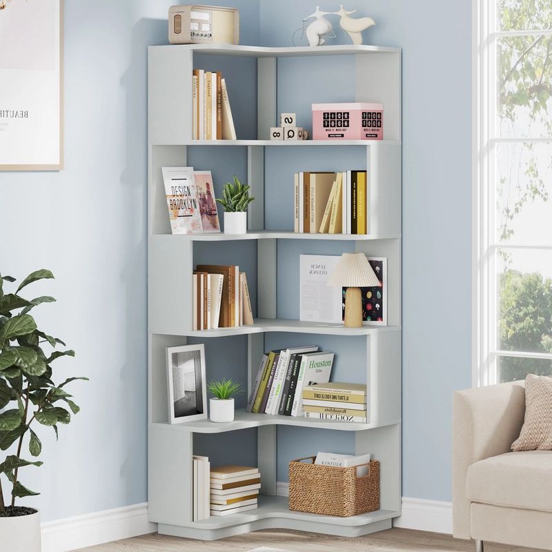 Silver Gray 65" Particle Board 6-Tier Corner Bookshelf with Anti-Drop Panel