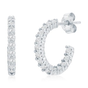 Bella Silver Sterling Silver, 15.5mm Prong-CZ Huggie Hoop Earrings - Silver - 1 of 2